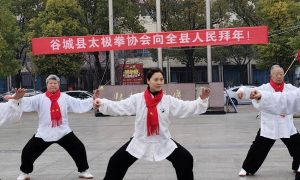 谷城县太极拳太极剑协会,太极贺春暖谷城,拳韵飘香庆团圆,健身气功八段锦,侯平,赵德军,42式太极剑,谷城竹将坊酒业,张俊平